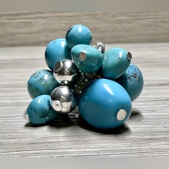Designer Southwest Sterling Silver Turquoise Cha-Cha Bead Stretch Ring, Size 5 - Picture 2 of 8